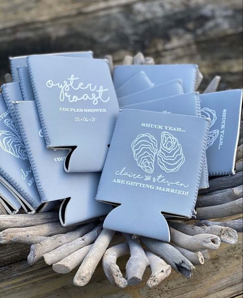 Its About Shucking Time Wedding, About Shucking Time Wedding, The World Is Your Oyster Bridal, Engagement Koozie Ideas, Oyster Roast Decorations, The World Is Your Oyster Party Theme, Coastal Rehearsal Dinner Ideas, Oyster Roast Engagement Party Ideas, Coastal Wedding Bridal Party