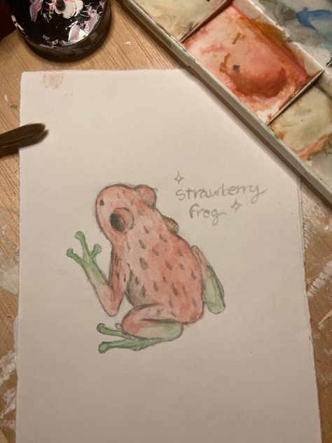 Strawberry Frog Drawing, Frogs Drawing, Strawberry Frog, Strawberry Drawing, Aesthetic Strawberry, Frog Drawing, Different Kinds Of Art, Artistic Inspiration, Frog And Toad