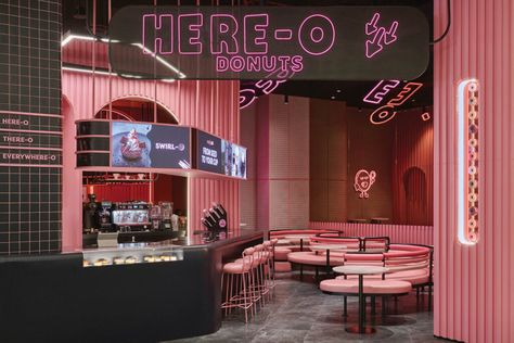 Pink Restaurant, Pink Interiors, Pink Palette, Renovation Design, Hospitality Projects, Donut Shop, Pink Interior, Interior Design Studio, Design Awards