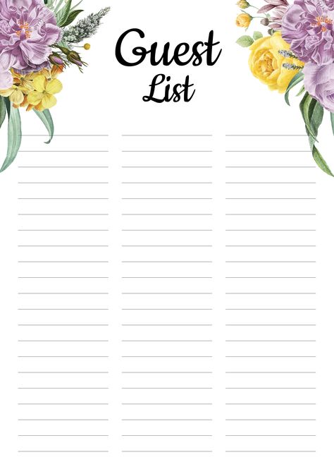 Use this printable floral wedding guest list template to keep track of all guest names, their telephone number, emai adress, confirmation of invitation, received gifts, etc. It will help you don't miss somebody special and count number of guests. This template has three vertical lined sections which you can name whatever you like.  #weddingbudget #weddingplanningchecklist #weddingchecklistpdf #printable #planwithme Wedding Guest List Printable, Guest List Template, Free Wedding Planner Printables, List Aesthetic, Wedding Guest List Template, Free Wedding Planner, Wedding Planner Binder, To Do Planner, Wedding Binder