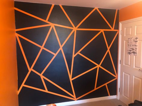 Wall Design Painting Ideas, Orange Black And White Bedroom, Orange And Black Room Ideas, Multi Color Wall Paint Ideas, Black Grey And Orange Bedroom, Black And Orange Room, Orange And Black Painted Walls, Orange Wall Paint Ideas, Red Orange Accent Wall