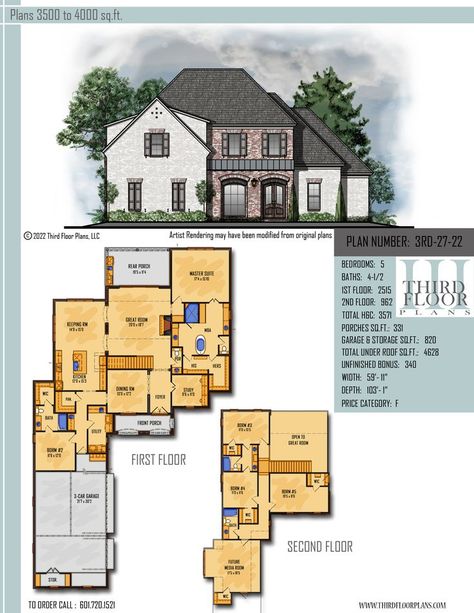 $1300.00 House Plan 9 sets Acadian Cottage, Garage With Storage, Master Suite Bedroom, Bedroom Porch, Porch Flooring, 2 Story Houses, Keeping Room, Craftsman Style House Plans, 3 Car Garage