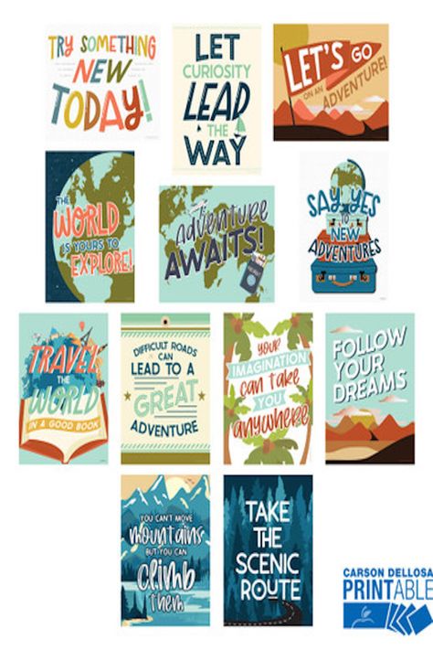 These poster bundles feature travel-inspired art and motivational quotes such as "The World Is Yours to Explore", "Say Yes to New Adventures", "Your Imagination Can Take You Anywhere", "Follow Your Dreams", and more. Travel Classroom, Travel Theme Classroom, Posters Classroom, Homework Incentives, Mini Posters, Carson Dellosa, Classroom Calendar, Inspirational Decor, Classroom Decor Themes