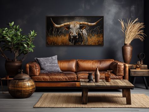 Bring a touch of rustic charm to your home with this Texas Longhorn Steer in Grass Dark Brown Painting. This extra-large canvas print captures the majestic presence of a Texas Longhorn steer in a pastoral setting, perfect for adding a touch of farmhouse elegance to any room. The rich dark brown tones and detailed depiction create a captivating focal point, ideal for living rooms, bedrooms, or entryways. Available framed and ready to hang, this artwork provides a stylish and effortless way to enh Large Farmhouse Wall Art, Western Living Room, Bull Painting, Longhorn Steer, Large Farmhouse, Brown Painting, Texas Longhorn, Extra Large Canvas, Hanging Fixture