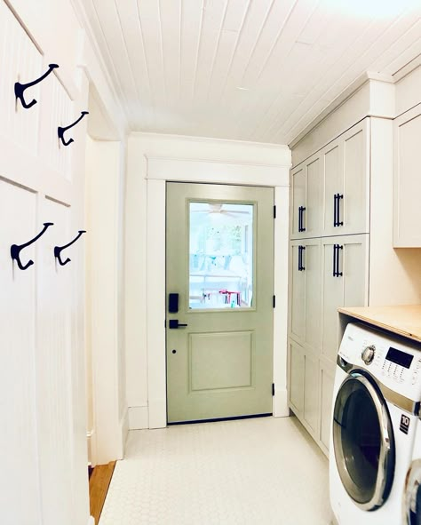 Cabinets - Kitchencraft in Drizzle, Tile - white hexagonal, Ex Large Coat & Hat hooks - House of Antique Hardware, Wall Paint - Benjamin Moore Cotton Balls. Laundry Room To Kitchen Transition, Drop Zone And Laundry Room, Laundry Room Attached To Garage, Adding Laundry Room To House, Mudroom Off Of Garage, Laundry Room Bump Out Addition, Mudroom Laundry Room Narrow, Walkthrough Laundry Mudroom, Laundry Room Connected To Garage