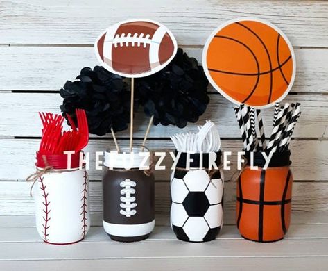 Jar Room Decor, Sports Themed Centerpieces, Concessions Banner, Snoopy Baby Shower, Sports Centerpieces, Sports Baby Shower Theme, Sports Baby Shower, Sports Theme Birthday, Barnyard Party