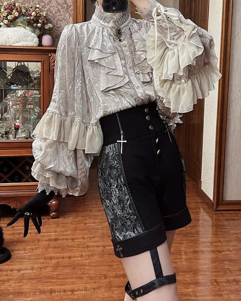 The Silver Dragon    ◆ Shirt's Shopping Link >>> https://lolitawardrobe.com/zj-story-the-graveyard-of-the-dragons-gothic-ouji-lolita-blouse-2023-version_p7700.html Prince Dress, Vkei Fashion, Prince Clothes, Silver Shirt, Shopping Link, Loose Long Sleeve, Bat Sleeve, Silver Dragon, Silver Design