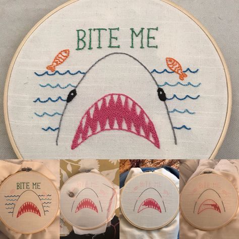 Fun, simple, embroidery design #embroidery #biteme #shark #sharkembroidery Ocean Embroidery Simple, Shark Embroidery Pattern, Hoodie Embroidery Ideas, Embroidery Shark, Shark Embroidery, Feminist Embroidery, Kids Embroidery, Etsy Embroidery, Pottery Inspo