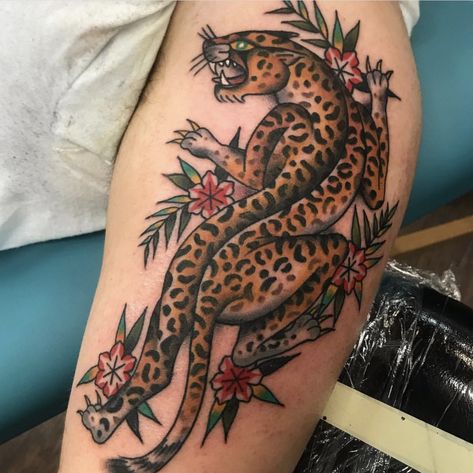 by Gianna Phillips #traditionaltattoo #traditionaltattoos #leopard #tattoo Cheetah Tattoo, Leopard Tattoo, 30 Tattoo, Tato Tradisional, 50 Tattoo, Jaguar Tattoo, 10 Tattoo, Traditional Tattoo Inspiration, Leopard Tattoos