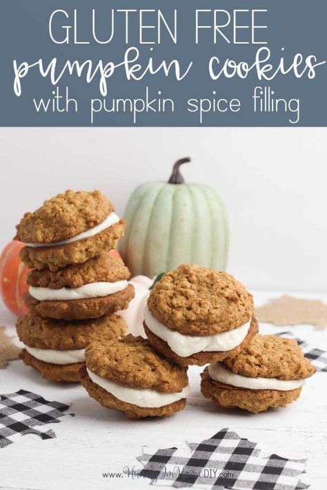 These gluten free pumpkin oatmeal creme pies are the perfect fall snack! They're a delicious gluten free pumpkin cookie filled with a yummy pumpkin spice buttercream frosting.  These gluten free pumpkin oatmeal cookies are a delicious fall take on gluten free oatmeal creme pies. If you're a great gluten free cookies or a gluten free cookie recipe, you need to check out these gluten free pumpkin oatmeal cream pies.  #glutenfree #pumpkin Cookies With Pumpkin, Gluten Free Cookie Recipe, Oatmeal Creme Pies, Gluten Free Pumpkin Cookies, Gluten Free Cookie, Halloween Appetizers Easy, Spiced Buttercream, Oatmeal Creme Pie, Pumpkin Oatmeal Cookies