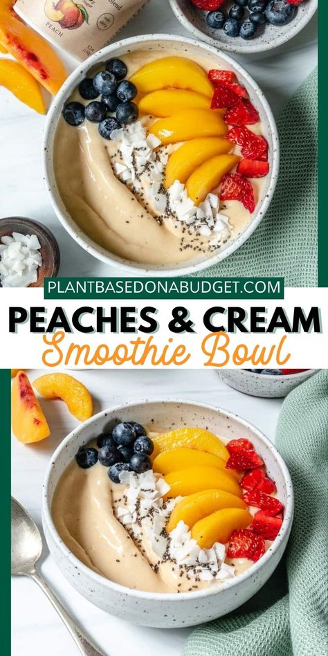 Peaches And Cream Smoothie Bowl, Smoothie Bowl Flavors, Peach Smoothie Bowl Recipe, Plant Based Breakfast Recipes Easy, Healthy Smoothie Bowls, Fruit Bowl Recipe, Healthy Smoothie Bowl Recipes, Fruit Bowls, Smoothie Bowls