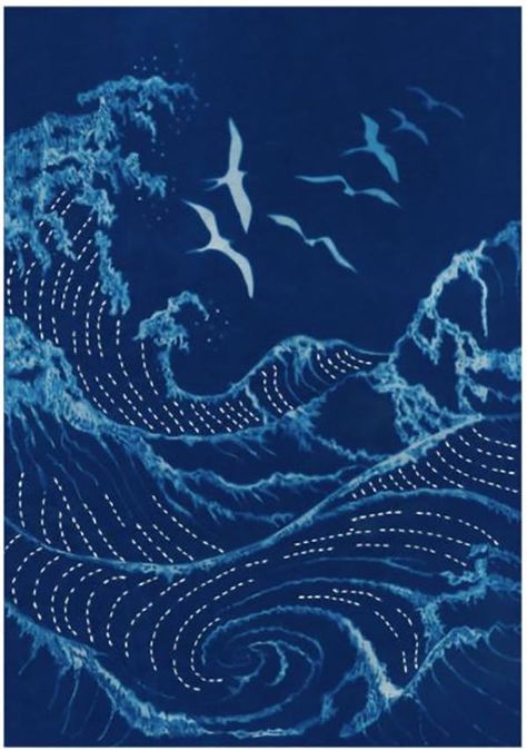 Sashiko - Cynotype Sashiko Panel - Seagulls & Waves Broderie Anglaise Fabric, Embroidery Kimono, Sashiko Pattern, Japanese Quilts, Sashiko Embroidery, Paper Embroidery, Learn Embroidery, Japanese Embroidery, Japanese Textiles