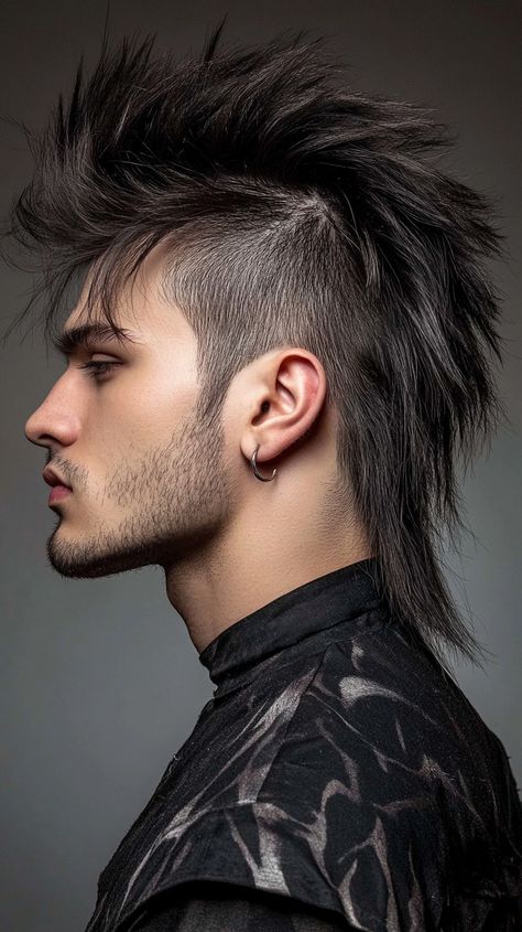 Handsome man with modern mullet haircut. Spiky Black Hair Men, Edgy Men’s Hairstyles, Alternative Hairstyles Men, Rockstar Hairstyles Men, Cool Male Hairstyles, Short Mohawk Mullet, Mohawk Aesthetic, Unique Male Hairstyles, Slicked Back Mullet