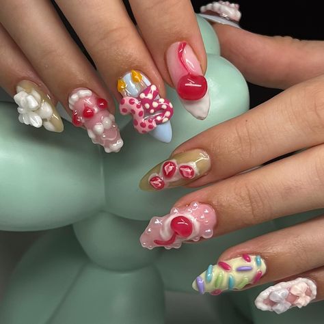 Birthday nails 🎂🎈 Short Simple Birthday Nails, Gel X Birthday Nails, Birthday Candle Nails, Birthday Cake Nails Design, June Birthday Nails, Dried Flower Nails Acrylics, Birthday Nails Almond, Birthday Cake Nails, Cake Nail Art