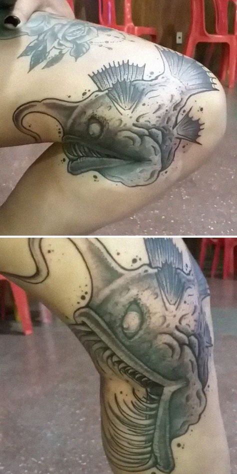 Bending Tattoo Ideas, Morphing Tattoo Ideas, Bend Of Knee Tattoo, Bend Of Leg Tattoo, Creative Moving Tattoo Ideas, Creative Moving Tattoos, Large Body Tattoos For Women, Moving Leg Tattoo, Tattoos That Move