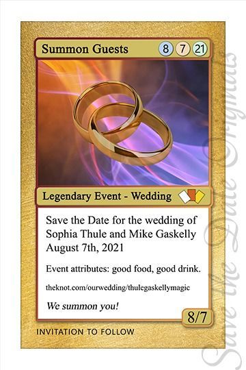 A fun/cute save the date magnet design for a wedding, has a Magic the Gathering card feel. Fun idea for gamer couples. #geek #offbeat Mtg Wedding, Gamer Wedding Invitations, Video Game Wedding, Gamer Wedding, Queens Wedding, Nerd Wedding, Geeky Wedding, Nerdy Wedding, Geek Wedding