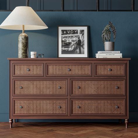 There’s signature style, and then there’s the Vintage Rattan Chest. With seven drawers in three sizes, this chest is a charming character piece. The warm wooden finish perfectly pairs with the natural-tone rattan showcased throughout, for effortless style that is truly timeless. Complete the look with the matching bed and bedside tables. #featherandblack #weatheredoak #rattanbed #rattanfurniture #bedroomgoals #bedroomstyle #bedroominspo #interiordesign #homedecor #homedesign #interiors #i... Rattan Aesthetic, Rattan Accents, Rattan Bed, Vintage Rattan, Interiors Inspiration, Bedroom Goals, Weathered Oak, Rattan Furniture, Bedside Tables