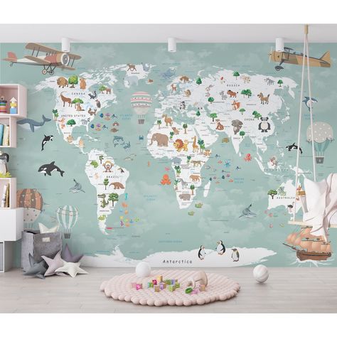 Wall Mural Kids Room Wall Decor Animal World Map Wallpaper Nursery Print Kids Wallpaper Peel n Stick Children Room Playroom Wallpaper Custom Mural Kids Room, Nursery Wallpaper Boy, Kids Room Wall Murals, Kids Bedroom Wall Decor, Playroom Wallpaper, Map Wall Mural, Kids World Map, Wallpaper Nursery, Personalized Wallpaper