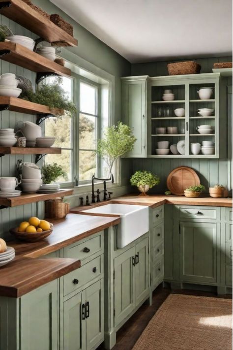 Island Cabinets Different Color, Sage Green Kitchen Cabinets Rustic, New Build Kitchen Cabinet Ideas, Green Kitchen Cabinets Grey Walls, Butcher Block Countertops Sage Cabinets, Kitchen Rectangle Layout, Kitchens With Beadboard, Sage Green Beadboard, Green Accent Kitchen