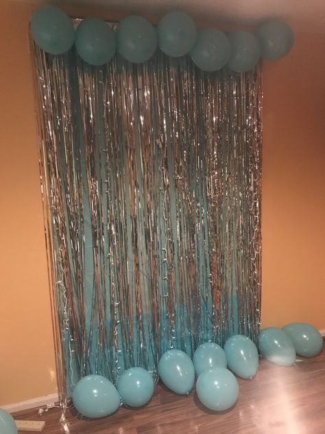 Photo Wall For Birthday, Tiffany Blue Party Ideas, Simple Birthday Table Decorations, Blue And White Birthday Decorations, Blue Colour Birthday Decoration, Light Blue And Silver Birthday Decorations, Blue Background Birthday Decoration, Light Blue Party Decorations, Blue Decorations Party Birthday Ideas