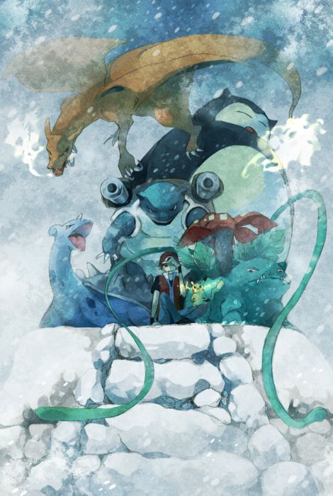 Venusaur, Charizard, Blastoise, Pikachu, Lapras, Snorlax & Red -- by 苔です @kokeekok (https://twitpic.com/dfqvcv) Pokemon Trainer Red, Original Six, Pokemon Red, Red Pictures, Pokemon Special, Pokemon Images, Pokémon Master, All Pokemon, Pokemon Fan Art