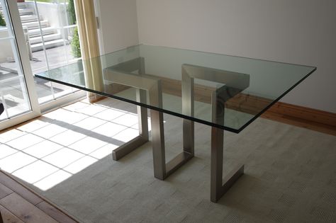 Vantelica luxury, minimalist dining table with stainless steel base and tempered glass top, handcrafted in Ireland Daining Tebel Glass Top, Glass Dinning Table, Minimalist Dining Table, Models Architecture, Concept Models Architecture, Metal Furniture Design, Dining And Living Room, Living Room Remodel, Keep It Classy