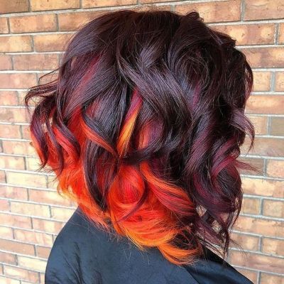 Vibrant Hair Color Ideas Fun, Spooky Hair Color Short Hair, Fall Vivid Hair Color Short Hair, Desert Sunset Hair, Sunset Hair Color Short, Burgundy Orange Hair, Sunset Hair Color Ombre, Vivid Hair Color Ideas For Brunettes, Fall Vivid Hair Color