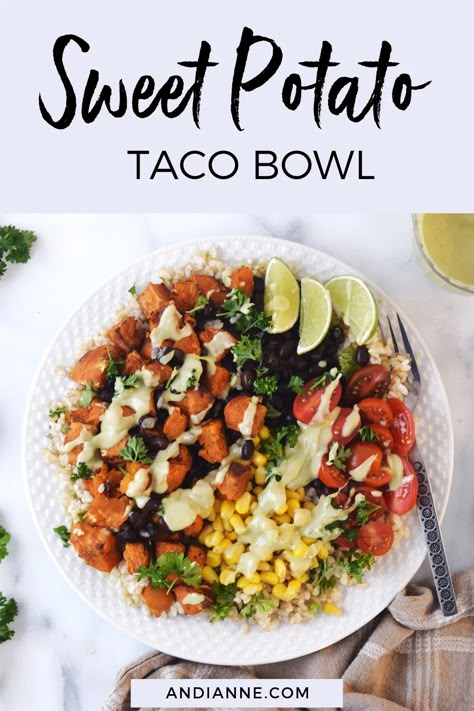 Potato Taco Bowl, Mexican Sweet Potatoes, Sweet Potato Rice, Taco Bowl Recipe, Recipe Sweet Potato, Cowboy Casserole, Sweet Potato Bowls, Taco Bowl, Sweet Potato Tacos