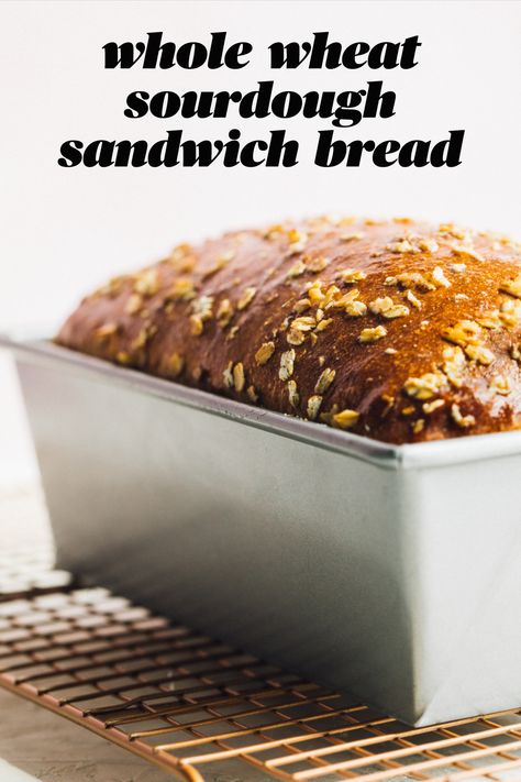 sandwich loaf in a silver tin Whole Grain Sourdough Sandwich Bread, Sourdough Whole Grain Bread, Wholegrain Sourdough Bread, Sourdough Wheat Sandwich Bread, Wholewheat Sourdough Bread Recipe, Sourdough Whole Wheat Bread, Loaf Pan Sourdough Bread, Whole Wheat Sourdough Sandwich Bread, Sourdough Loaf Bread Recipe