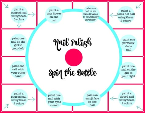 Spin The Nail Polish Game Printable, Spin The Nail Polish Game, Nail Polish Spin The Bottle Printable, Spin The Bottle Nail Polish Game, Hotel Party Games, Spin The Bottle For Kids Party Games, Makeup Birthday Party Games, Sleepover Ideas Spin The Bottle, Nail Polish Games Slumber Parties