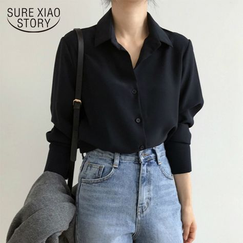 Black Chiffon Blouse, Satin Bluse, Black Shirts Women, Chic Tops, Casual Chique, Casual Shirt Women, Shirts Women Fashion, Blouse Long Sleeve, Black Chiffon