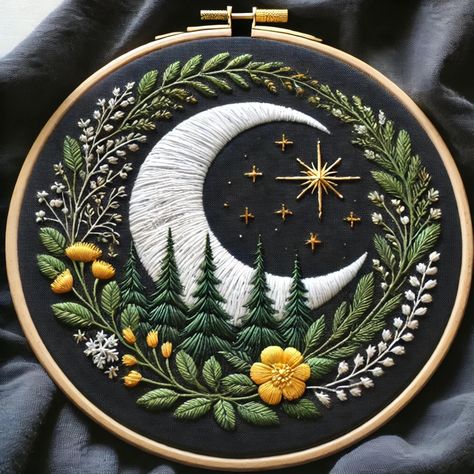 Get our WHOLE SHOP BUNDLE and enjoy every design at a fraction of the price     https://www.etsy.com/ca/listing/1787068164/ Introducing the *Flower Moon Embroidery Pattern*, a stunning digital embroidery design perfect for both beginner embroidery enthusiasts and experienced stitchers!  This simple embroidery pattern blends the beauty of floral embroidery with a serene moon embroidery motif, creating a peaceful and magical scene.  With easy-to-follow instructions, this PDF embroidery download is Mystical Embroidery Designs, Dark Fabric Embroidery, Popular Embroidery Designs, Cottage Core Embroidery Designs, Embriodary Flowers, Embroidery Tree Of Life, Fantasy Embroidery Pattern, Dandelion Embroidery Tutorial, Black Canvas Embroidery