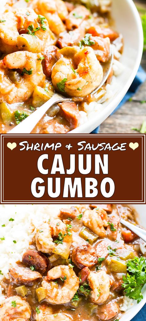 Cajun Shrimp and Sausage Gumbo is made the authentic way by beginning with a roux, adding the "holy trinity", and tossing in andouille sausage and fresh Gulf shrimp.  This gluten-free seafood gumbo is actually rather easy to make. Make this flavorful dinner to celebrate Mardi Gras or to enjoy classic Louisiana cooking all year long!  #cajun #gumbo #mardigras #shrimp #creole Gluten Free Gumbo Recipe, Mardi Gras Dinner Party, Cajun Shrimp And Sausage, Shrimp Gumbo Recipe, Mardi Gras Dinner, Shrimp And Sausage Gumbo, Cajun Gumbo, Seafood Gumbo Recipe, Gumbo Recipe Sausage