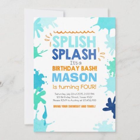 $2.66 | Splish Splash birthday invitation Boy #invitation #birthdayinvitation #summerbirthday #sunshineparty #invitationbirthday #splishsplash #birthdaybash #poolparty #swimsuit #towel #cute #waterbirthday Splish Splash Birthday Bash, Pool Birthday Invitations, Water Birthday, Summer Birthday Invitations, Sunshine Party, Summer Party Invitations, Beach Birthday Party, Pool Birthday, Beach Birthday