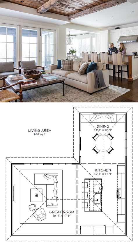 Dining Room Layout, Living Room Floor Plans, Kitchen Layout Plans, Kitchen Addition, Living Room And Kitchen, Kitchen Floor Plans, Farmhouse Windows, Study Area, Baby Planning