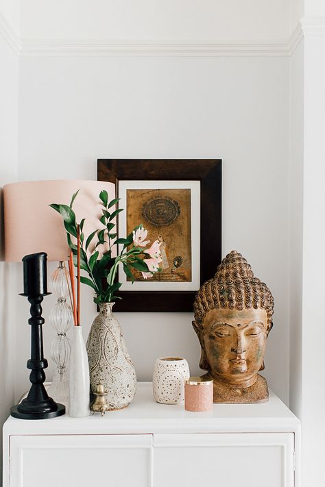 Black And Grey Living Room, Black Candlesticks, Buddha Home Decor, Zen Home Decor, Buddha Decor, Meditation Room Decor, Zen Home, Grey Living Room, Zen Room