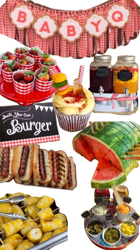 Baby Q Dessert Table, Burger Baby Shower Ideas, Baby Q Shower Food Ideas, Babyque Shower Ideas Food, Baby-q Shower, Southern Bbq Menu Ideas, Bbq Themed Baby Shower Ideas, Baby Shower Bbq Theme, Baby Que Shower Ideas