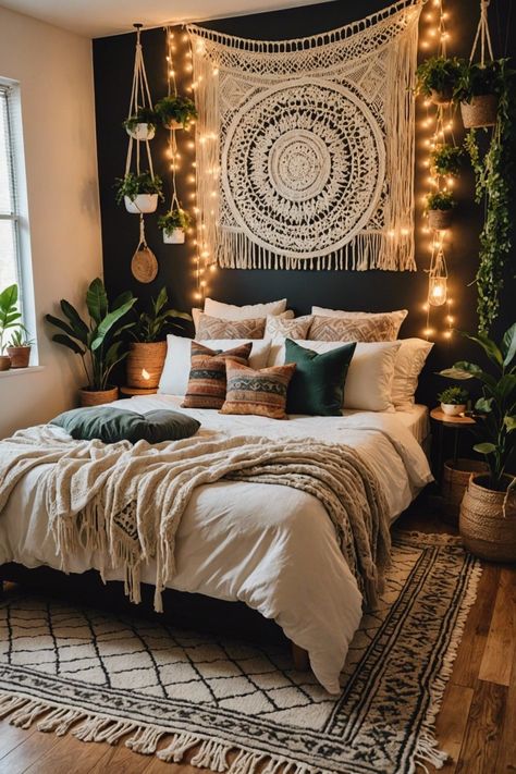 Boho Style Bedroom Decor, Bedroom Ambiance, Boho Style Bedroom, Wall Panels Bedroom, Bedroom Decor Cozy, Stil Boho, Bohemian Bedroom Decor, Boho Bedroom Decor, Bedroom Boho