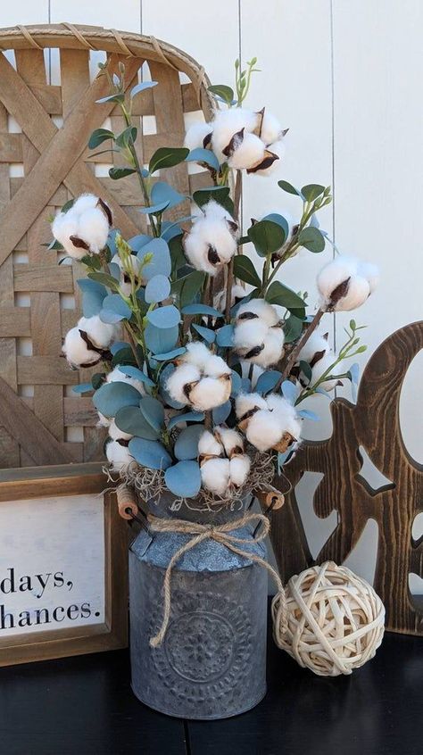 Eucalyptus Arrangement, Farmhouse Flowers, Second Anniversary Gift, Cotton Decor, Cotton Stems, Deco Originale, בר מצווה, Deco Floral, Country Farmhouse Decor