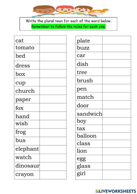 Singular - Plural Nouns interactive worksheet Singular And Plurals Worksheet, Plural Worksheet For Grade 1, Singular Nouns Worksheet, Singular To Plural Worksheet, Singular Plural Worksheets For Class 2, Plural Singular Worksheet, Plural Of Nouns Worksheets, Singular And Plural Worksheet, Singular Plural Worksheets