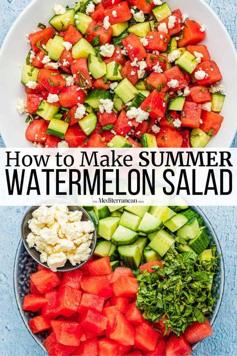 Watermelon salad with feta, cucumber, fresh mint, and honey-lime dressing. Watermelon feta salad is the perfect sweet and salty summer salad! Watermelon Basil Salad, Cucumber Watermelon Salad, Feta Cucumber, Watermelon Mint Salad, Cucumber Feta Salad, Watermelon Salad Recipes, Feta Cheese Salad, The Mediterranean Dish, Salad With Feta