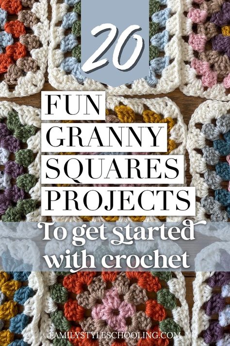 20 Fun Granny Squares Projects to Get Started with Crochet - Family Style Schooling Granny Squares Projects, Fun Granny Squares, Crochet Granny Square Beginner, Granny Square Poncho, Crochet Project Free, Easy Granny Square, Crochet Granny Square Tutorial, Crochet Granny Squares, Tote Crochet