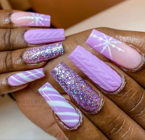 Purple Sweater Nails, Pink And Purple Christmas Nails, Purple Nails Christmas, Lilac Christmas Nails, Pink And Teal Christmas Nails, Purple Christmas Nails Acrylic, Lavender Christmas Nails, Pink And Purple Winter Nails, Purple Xmas Nails