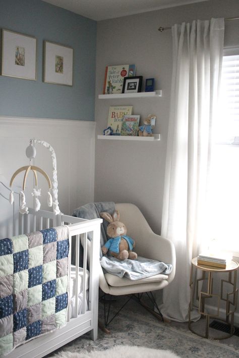 Rabbit Themed Nursery, Baby Blue Nursery, Blue Nursery Boy, Nursery Accent Wall, Ikea Nursery, Baby Boy Bedroom, Bunny Nursery, Baby Boy Room Decor, Nursery Room Design