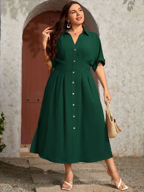 Plus Button Front Plicated Detail Batwing Sleeve Shirt Dress | SHEIN USA Simple Cotton Frocks For Women, Dress For Big Size Woman, Cotton Frocks For Women, Causal Frocks, Simple Dress Styles, Batwing Sleeve Shirt, Simple Frock Design, Simple Frocks, Frock For Women