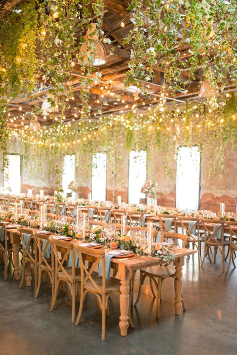 Greenery Cafe, Ceiling Greenery, Greenery Ceiling, Berkshires Wedding, Ivy Decor, Industrial Wedding Reception, Teal Napkins, Future Restaurant, Reasons To Get Married