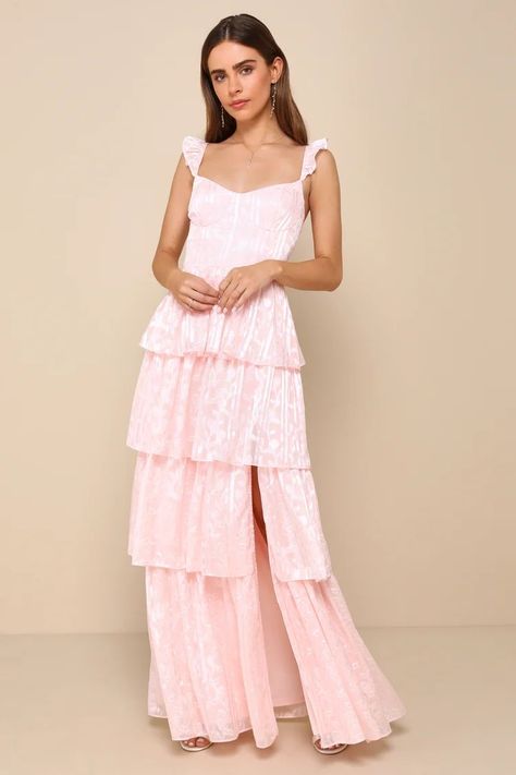 Stunning Glory Light Pink Floral Jacquard Tiered Maxi Dress | Lulus Pretty Modest Prom Dresses, Blush Pink Floral Bridesmaid Dresses, Graduation Dress Maxi, Pink Garden Party Wedding, Mismatched Bridesmaid Dresses Pink, Pink And Green Bridesmaid Dresses, Light Pink Bridesmaid Dresses Long, Pink Floral Bridesmaid Dresses, Fun Bridesmaid Dresses