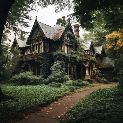 "Timeless Charm: An Old House Amidst an Enchanted Overgrown Park." Overgrown House Exterior, Overgrown Victorian House, Victorian Home In The Woods, Overgrown Manor, Dark Victorian House, Overgrown House, Old English House, Old Manor House, Gothic Victorian House