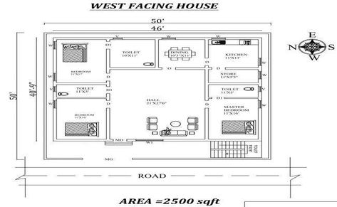 50'X50' Fully furnished west Facing 3BHk House Plan As Per Vasthu Shastra. Autocad DWG and Pdf file details. 50x50 House Plans Layout, 50x50 House Plans, 3bhk House Plan, South Facing House, West Facing House, Budget House Plans, East Direction, Vastu House, Modern Tv Wall Units