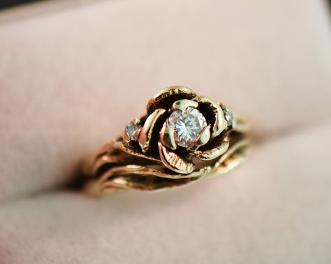 Mid Century Carved Rose Diamond Engagement Ring | Mid Century Engagement Ring, Engagement Ring Floral, Make Rings, Estate Engagement Ring, Rose Diamond, Floral Engagement Ring, Yellow Gold Setting, Floral Jewellery, Flower Images